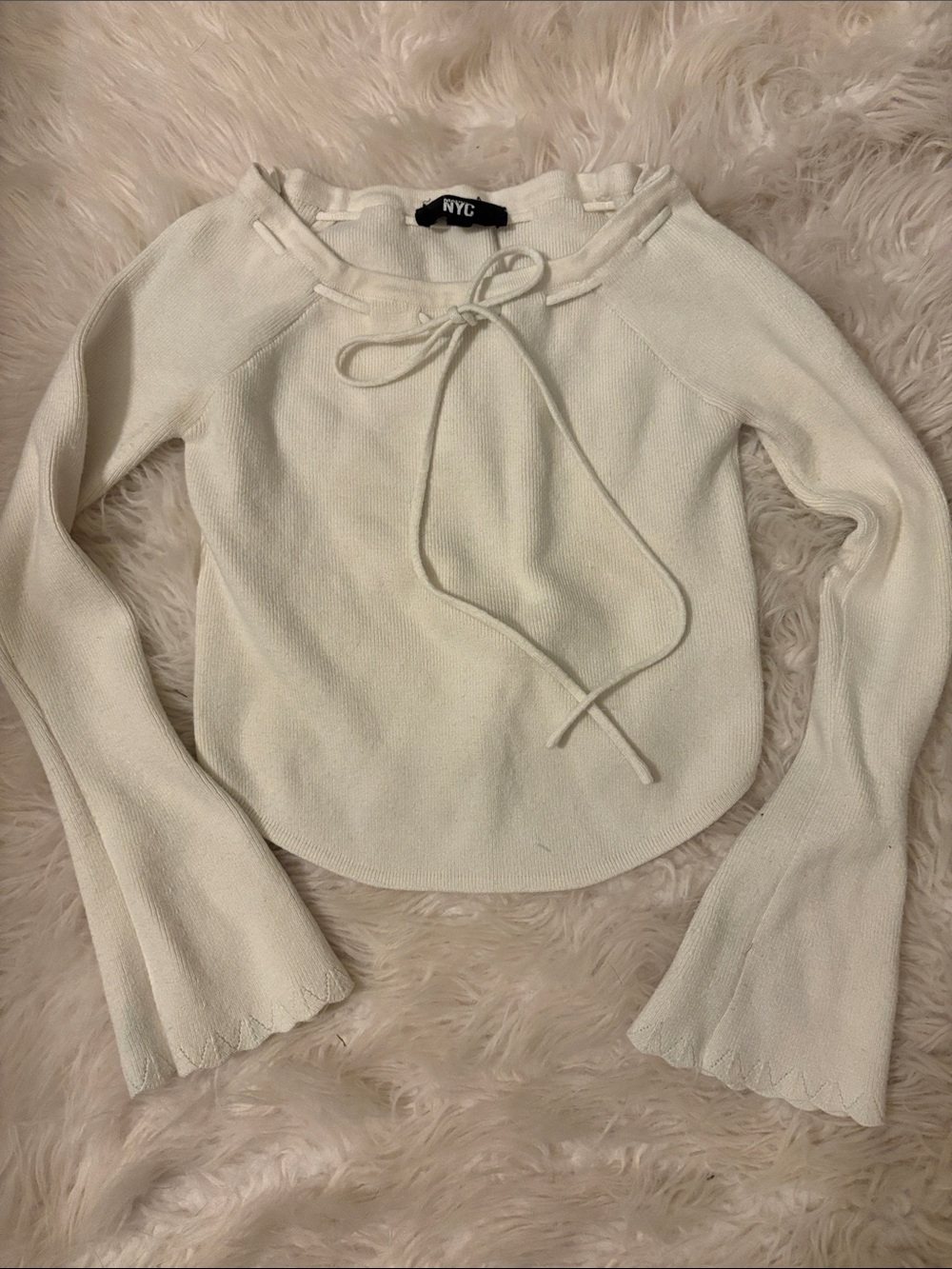 NYC Off-White Lace-Up Neck Knit Top